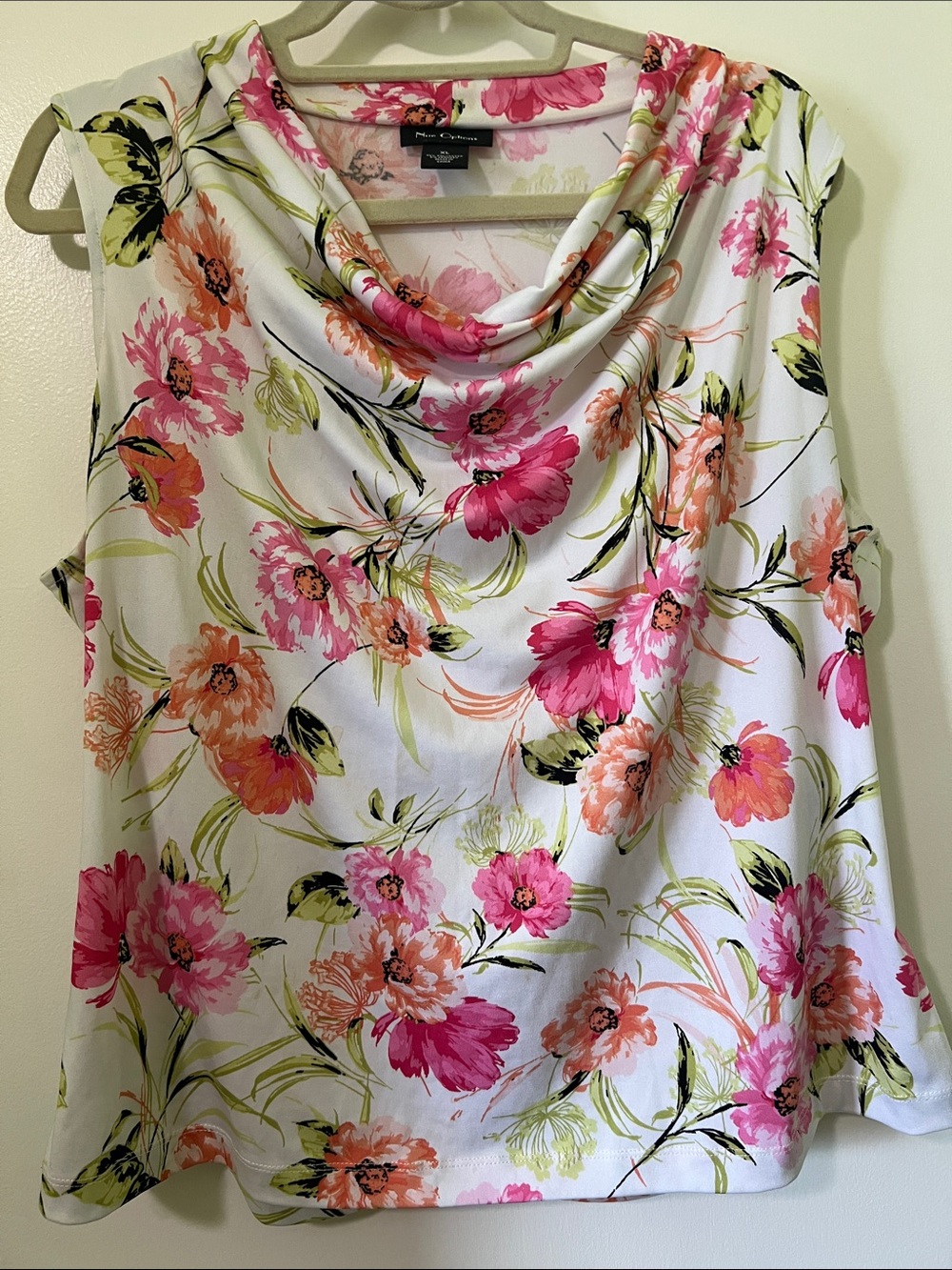 NUE OPTIONS Floral Cowl Neck Women's Top - White with Pink Peach Flowers Size XL